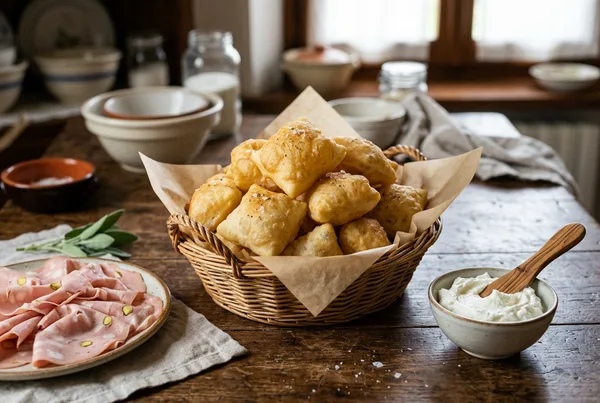 Crescentine fritte dorate con mortadella a fette
