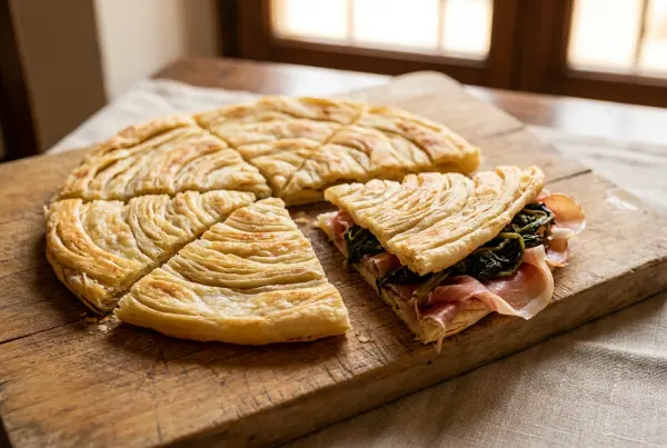 Crescia sfogliata tagliata a spicchi, con prosciutto e erbe