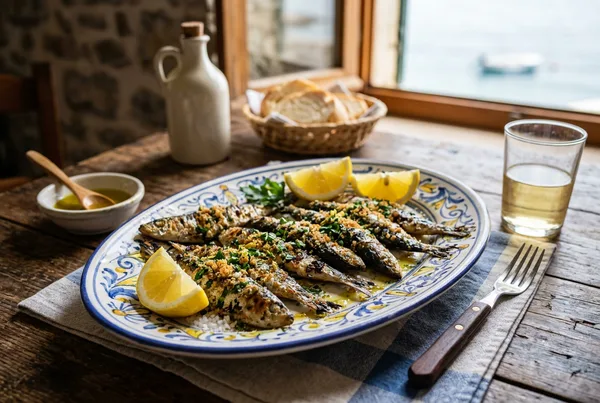 Sardoncini impanati e arrostiti alla griglia, con uno spicchio di limone